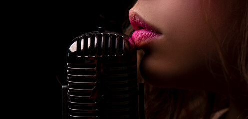 Karaoke. Closeup lip with vintage microphone. Sensual woman singer. Concert singing.