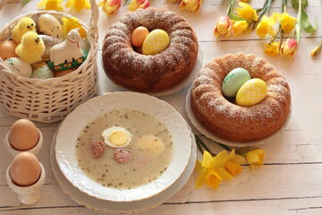 Easter breakfast with sour cream, Easter eggs, cakes, spring flowers and an Easter basket