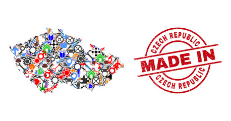 Education mosaic Czech Republic map and MADE IN scratched rubber stamp. Czech Republic map mosaic composed with wrenches, gear wheels, tools, aviation symbols, cars, electric strikes, rockets.