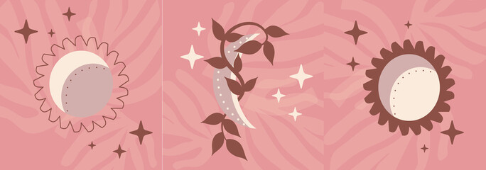 Abstract fashion universal vector cover template. A set of posters with the moon, planets and the sun. Muted colors in boho style. Vector illustration