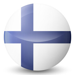 Obraz premium Glass light ball with flag of Finland. Round sphere, template icon. Finnish national symbol. Glossy realistic ball, 3D abstract vector illustration highlighted on a white background. Big bubble.