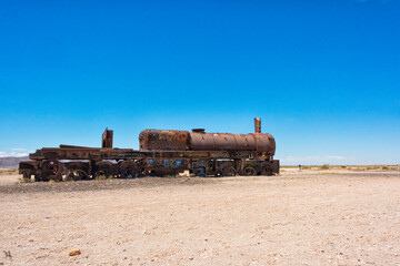 Fototapeta na wymiar Antique train cemetery on the desert, Uyuni, Potosi Department, Bolivia