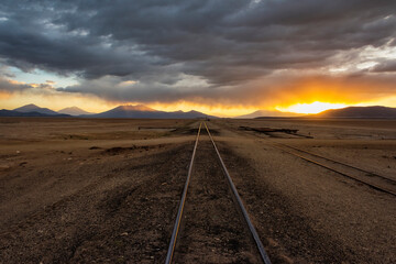 Fototapeta na wymiar Railway track in the desert, Salar de Uyuni, Potosi Department, Bolivia