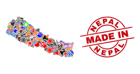 Component mosaic Nepal map and MADE IN scratched stamp. Nepal map mosaic created with spanners, gear wheels, instruments, aircrafts, vehicles, electric strikes, details.