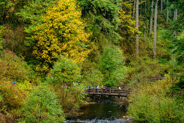 A group of hikers are on the bridge over Silver Creek, just below the South Falls, at Silver Falls State Park near Silverton Oregon.