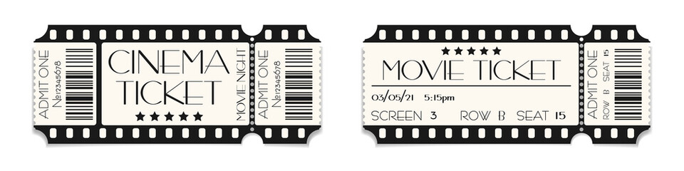 Cinema ticket template mockup with barcode. Vector illustration of realistic show admission in retro style. Vintage performance ticket or coupon design