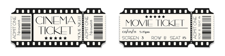 Cinema ticket template mockup with barcode. Vector illustration of realistic show admission in retro style. Vintage performance ticket or coupon design