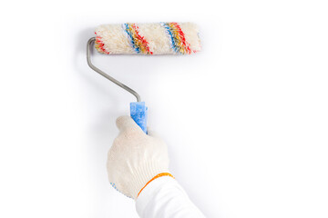 Repairman paints a white wall with a roller mocup template