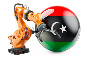 Naklejka premium Robotic arm with Libyan flag. Modern technology, industry and production in Libya concept, 3D rendering