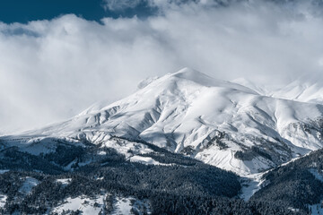 Obraz premium Snow-white mountain top and snowy forest. Winter mountain landscape. The Caucasus Mountains. View from the northern slope of the Arkhyz ski resort.