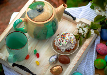 Still life Easter brunch in the garden outdoors