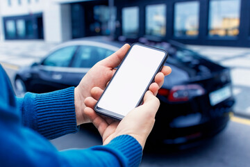 Man hand on white background holds phone with isolated screen. Mockup Technology.