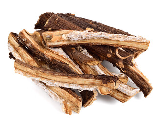 Burdock Dry Root Chops (Arctium Lappa). Isolated on White.