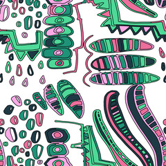 Seamless vector pattern with abstract doodles. Bright spring or summer print. Trendy colorful background. Geometric doodle. 