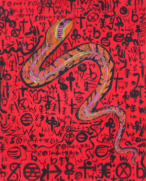 Painting of a snake on a red background with hieroglyphs. A beautiful and dangerous poisonous snake symbolizes the secrets that it guards. Illustration of encrypted inscriptions, a mysterious message