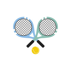 two colored tennis rackets with yellow tennis ball on a white background vector Illustration flat style