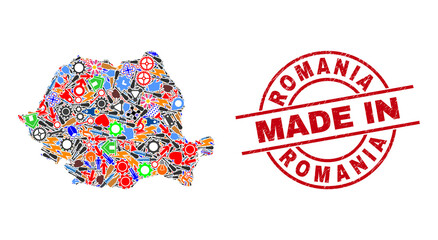 Component mosaic Romania map and MADE IN distress rubber stamp. Romania map mosaic designed with wrenches, wheels, tools, components, cars, electricity sparks, rockets.
