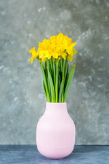 Yellow daffodils spring flowers in a vase on a grey background. place for text. vertical photo. Easter concept. Copy space. 