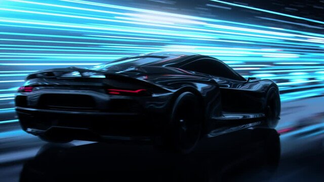 3D Car Model: Sports Car Driving at on a Wet Road on High Speed, Racing Through the Colorful Tunnel With Lights Reflecting Everywhere
