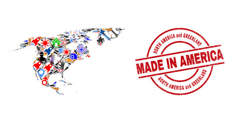 Obraz premium Industrial mosaic North America and Greenland map and MADE IN scratched stamp seal. North America and Greenland map collage created from spanners, cogs, tools, aviation symbols, vehicles, power bolts,