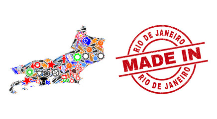 Obraz premium Component mosaic Rio de Janeiro State map and MADE IN grunge seal. Rio de Janeiro State map mosaic formed with spanners, gear wheels, tools, aviation symbols, cars, electric strikes, helmets.