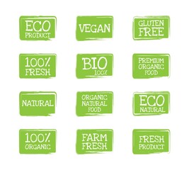 Set of organic food labels. Fresh vegetarian products and healthy foods badges. Eco green concept. Vector illustration