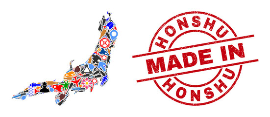 Component Honshu Island map mosaic and MADE IN textured watermark. Honshu Island map mosaic composed with spanners, gearwheels, tools,, keys, vehicles, power strikes, details.
