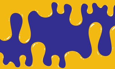 Liquid dripping drops of yellow honey, paint. Rectangular blue background. Empty place.