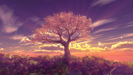 Fototapeta na wymiar tree spring in meadow sunset