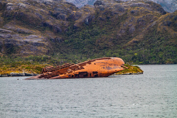Chile, Patagonia. Shipwreck in Smyth Canal.
