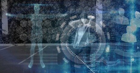 Digital illustration of a human body and human brain 3D models over data processing