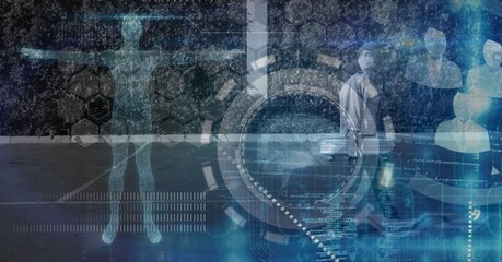 Digital illustration of a human body and human brain 3D models over data processing