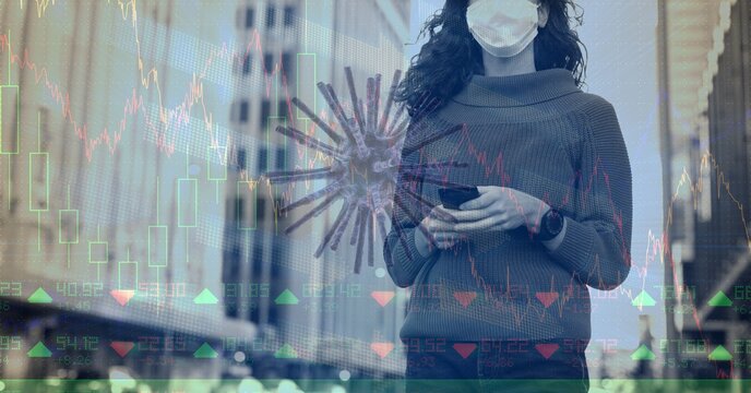 Digital illustration of a Coronavirus Covid-19 cell over data processing and statistics