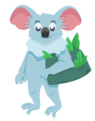 Koala carrying bag of eucalyptus. Anthropomorphic animal in cartoon style.