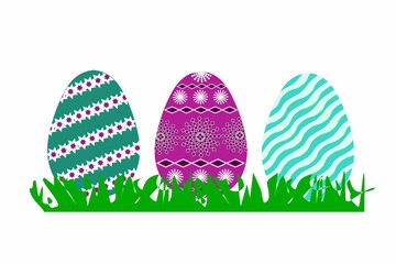 Colored illustration featuring colorful easter eggs on green grass with white background for print and design