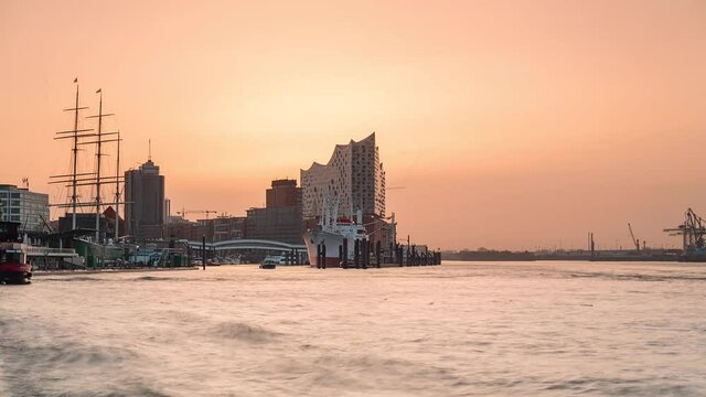 Sunrise Time Lapse of Hamburg Cityscape with Harbor and Elbe River, Hamburg, Germany