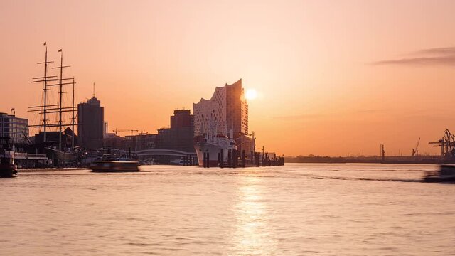 Sunrise Time Lapse of Hamburg Cityscape with Harbor and Elbe River, Hamburg, Germany