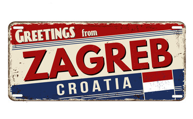 Greetings from Zagreb vintage rusty metal plate