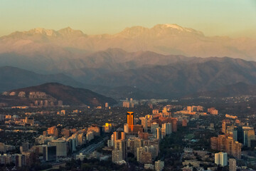 Aerial view of downtown skyline at sunset, Santiago, Chile