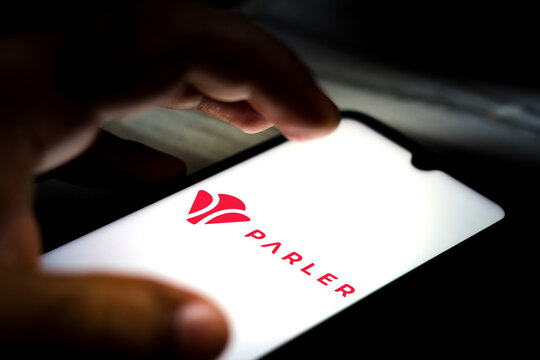 February 26, 2021, Brazil. In this photo illustration the Parler logo seen displayed on a smartphone screen.
