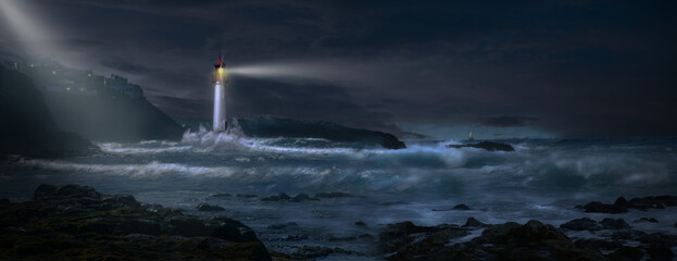Storm over the sea with lighthouse and beacon. - obrazy, fototapety, plakaty