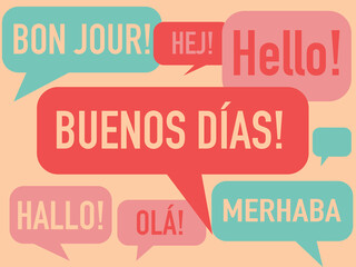 Spanish language courses concept illustration. Translation from left to right: word "Hello" in French, German, Spanish, Portuguese,  Swedish, Turkish and English language. Abstract background.