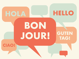 French language courses concept illustration. Translation from left to right: word "Hello" in Italian, Spanish, French, English and German language. Abstract speech bubbles. © Dumitru