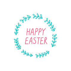 Happy Easter vector greeting card, illustration with round floral frame on white background