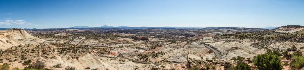 Panorama view of american flat nature of white sandstone, look from hill at sunny day