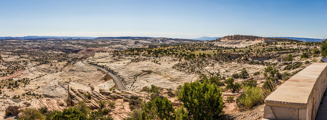 Panorama view of american flat nature of white sandstone, look from hill at sunny day