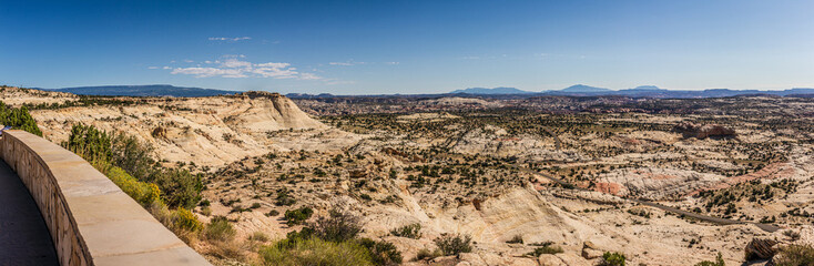 Panorama view of american flat nature of white sandstone, look from hill at sunny day