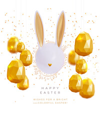 Happy Easter lettering background with realistic golden shine decorated eggs, confetti. Greeting card, ad, promotion, poster, flyer, web-banner, article. Vector illustration. Isolated on background