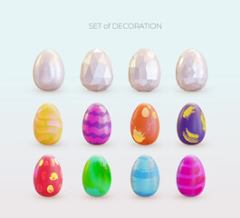 Set of Easter eggs polygonal multi colored realistic. Design elements. Colorful easter eggs line with. Spring easter banner. Vector illustration. Isolated on white background.