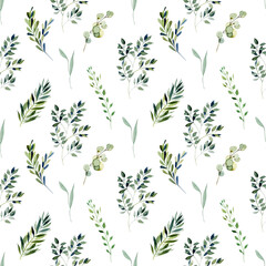 Watercolor seamless pattern of green branches, illustration on white background
